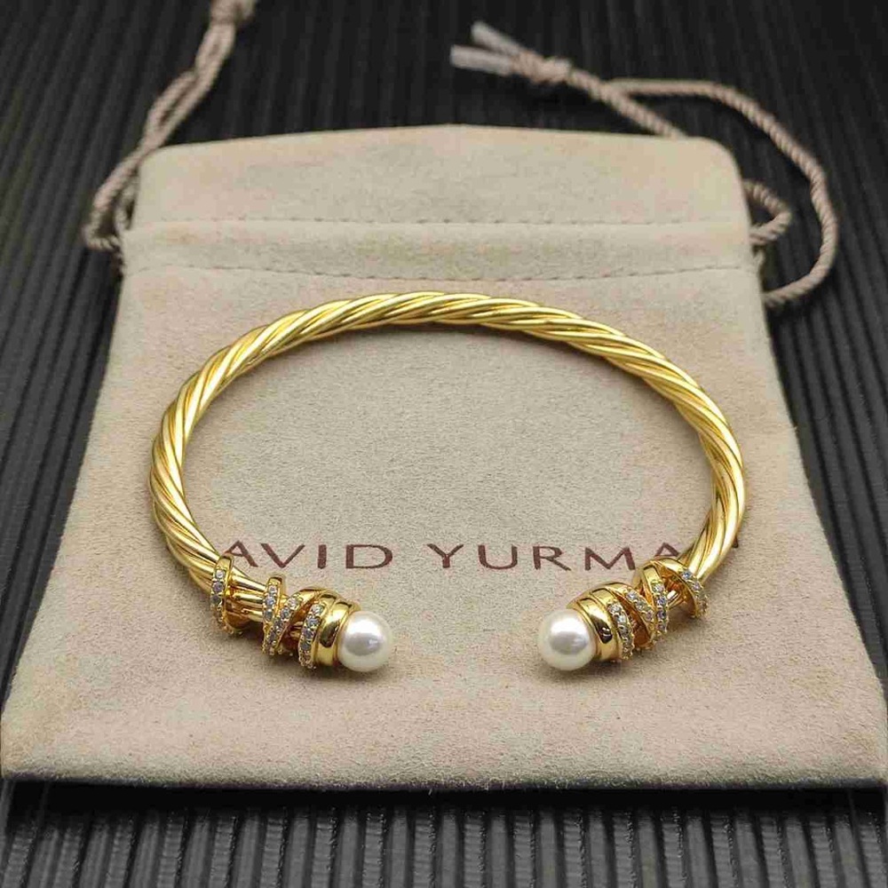 David Yurman Style 4mm Gold Twisted Cable Pearl Cuff Bracelet